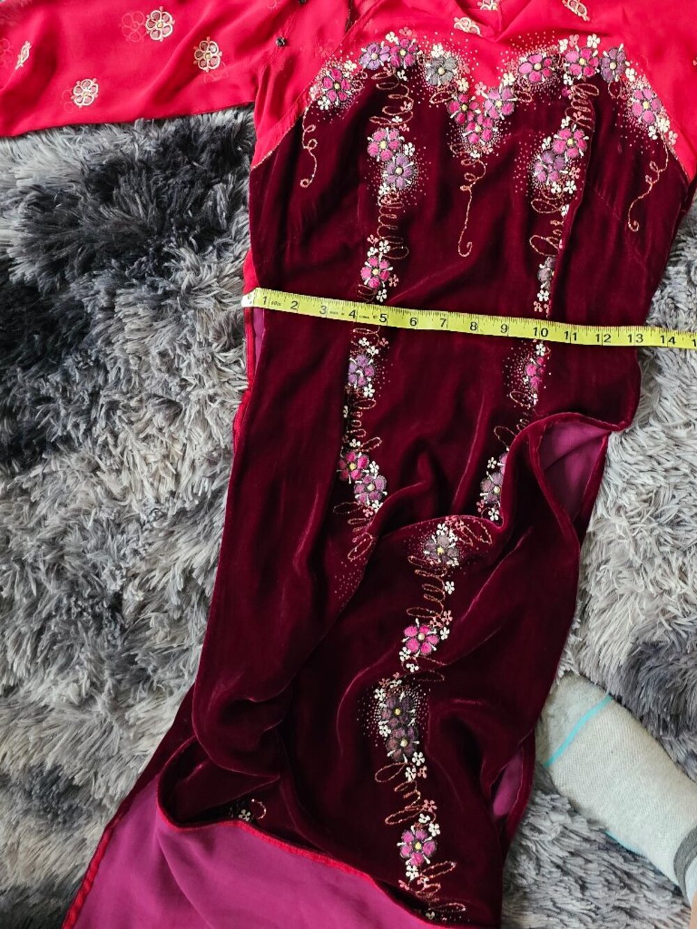 Pháo Trang Vintage Vietnamese Ao Dai – Burgundy Velvet & Red Embroidered Dress - Picture 8 of 11